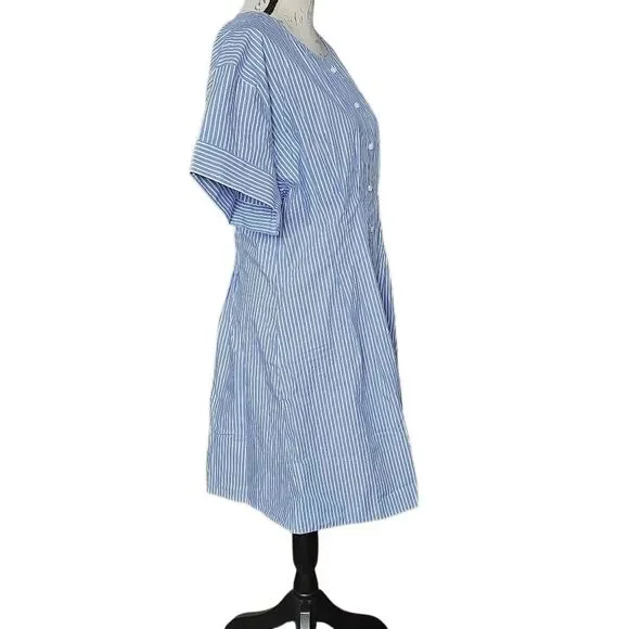 J.Crew Women's Size 14 Blue White Stripe Button Down Pleated Short Sleeve Dress - Picture 5 of 7